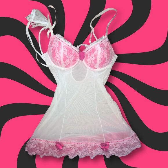 White & Pink Floral Lace Y2K Style Coquette Dollette Babydoll Lingerie Dress - Picture 4 of 5